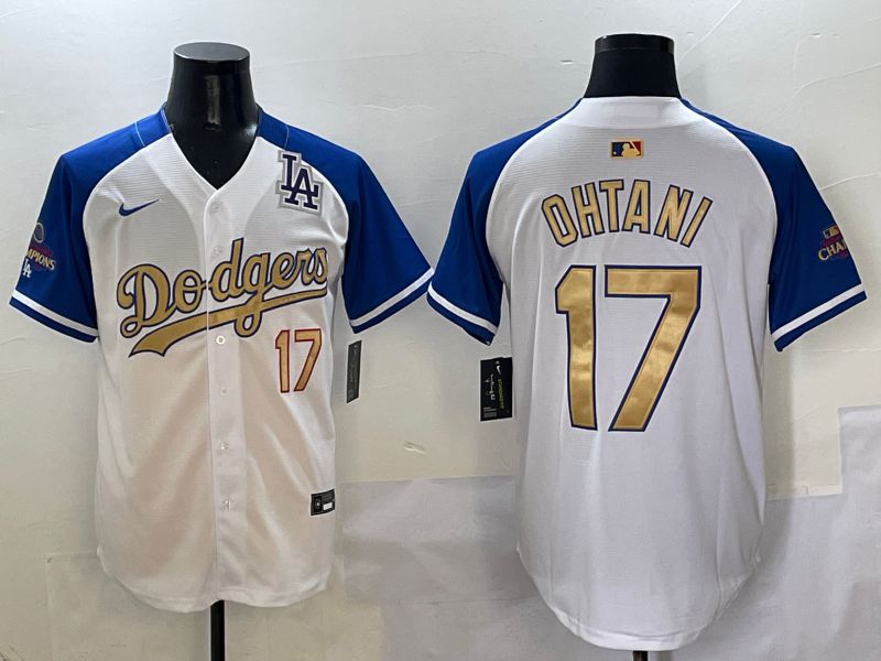 Men Los Angeles Dodgers #17 Ohtani White Blue Gold Game 2025 Nike MLB Jersey style 5